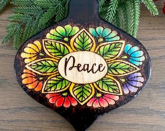 Peace Mandala Ornament, rainbow, chakra, woodburned ornament, Christmas ornament, Ready to Ship