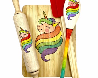 Custom Rainbow Unicorn Set, kids’ baking set, 4 piece set, PERSONALIZE