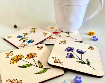 Custom Whimsical Wildflower & Bees coaster set, Wood-burned Coaster Set, home decor, bar accessories, Mother’s Day gift, Set of 4