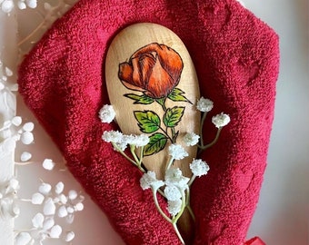 Red Rose kitchen spoon and towel set, long stem rose, Valentine’s Day, functional art, kitchen decor, woodburned spoon