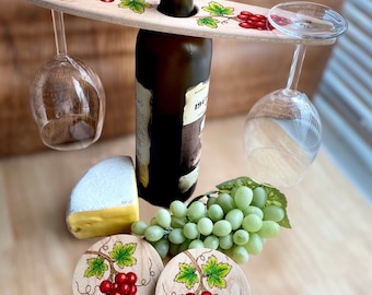 Wine glass caddy and coaster set, grape design, wine lover gift set, homewarming gift set, wedding gift set