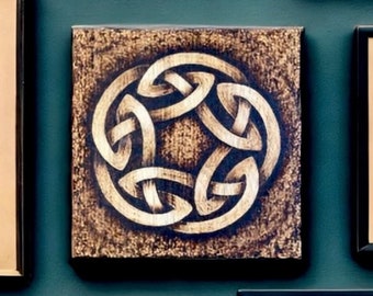 Woodburned Celtic knot art, hang on wall or set on a shelf or mantle, 9.25” square, gift for anniversary, wedding or housewarming