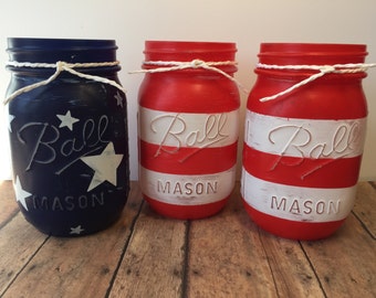 Patriotic Mason Jars, July 4th Gift, Mason Jar set, Painted Mason Jars, Summer Decor, Fourth of July Mason Jar, July 4th Mason Jar