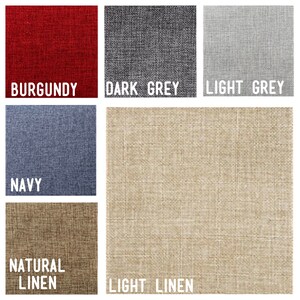 May include: Swatch of fabric samples in various colors and textures, including burgundy, dark grey, light grey, navy, natural linen, and light linen.