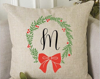 Christmas Wreath Monogram Pillow, Family Initial Pillow, Personalized Pillow, Christmas Wreath, Grandparent Gift, Wedding Gift, Xmas Gifts
