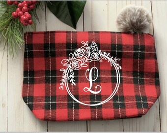 Monogram Pouches, Plaid Zippered Pouches, Monogram Make Up Bag, Cosmetic Pouch, Personalized Gift, Initial Gift, Secret Santa, Christmas