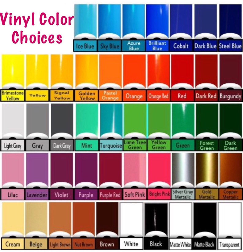 Puede incluir: Una tabla de colores de vinilo con nombres para cada color. Los colores est&aacute;n dispuestos en filas y columnas. Los colores incluyen azul hielo, azul cielo, azul azur, azul brillante, cobalto, azul oscuro, azul acero, amarillo brimstome, amarillo, amarillo se&ntilde;al, amarillo dorado, naranja pastel, naranja, naranja rojo, rojo, rojo oscuro, burdeos, gris claro, gris, gris oscuro, menta, turquesa, verde lima, verde amarillo, verde, verde bosque, verde oscuro, lila, lavanda, violeta, morado, rojo morado, rosa suave, rosa brillante, gris plateado met&aacute;lico, dorado met&aacute;lico, cobre met&aacute;lico, crema, beige, marr&oacute;n claro, marr&oacute;n nuez, marr&oacute;n, blanco, negro, blanco mate, negro mate y transparente.