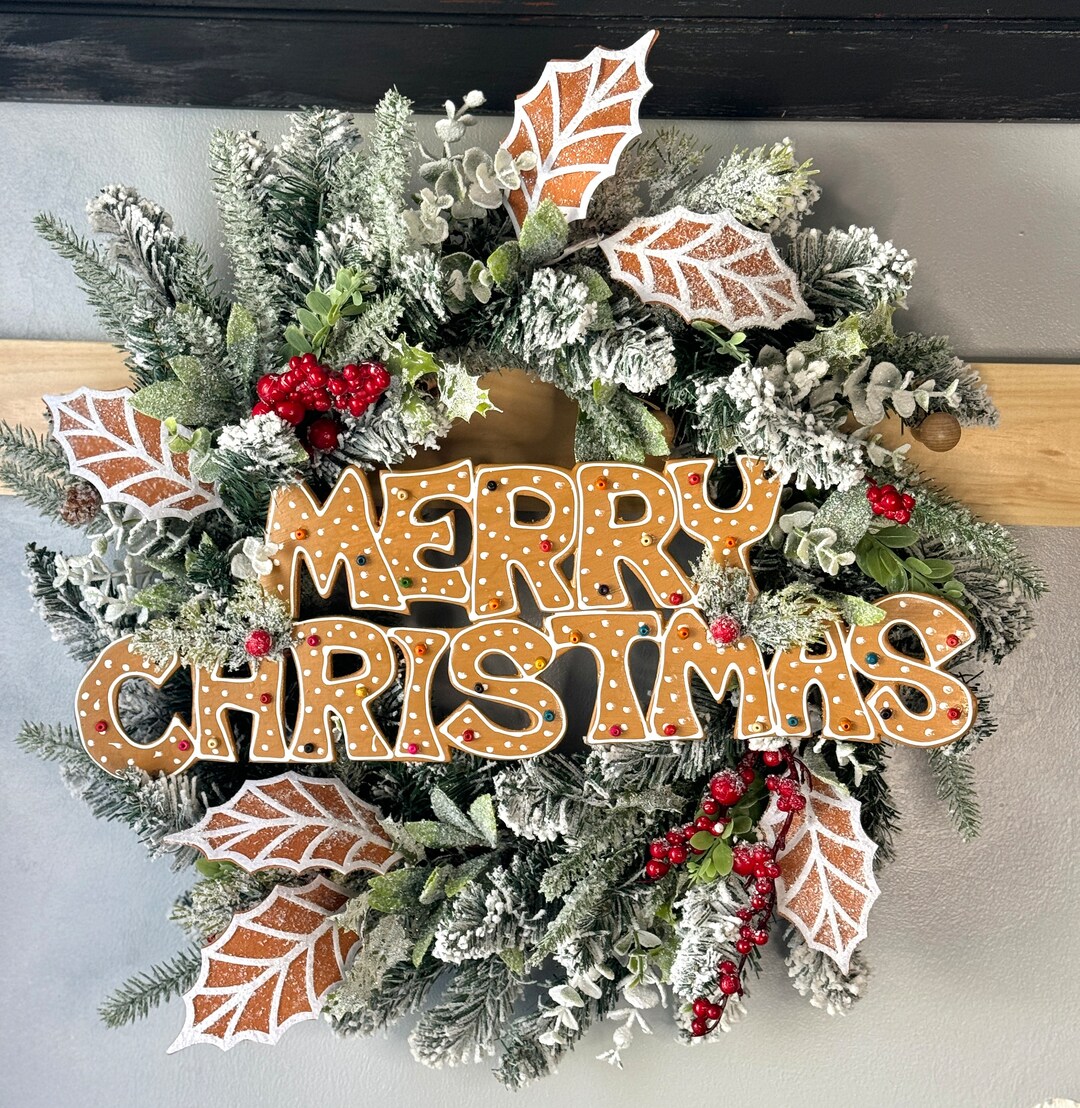 Flocked Christmas Wreath: Snowy Pine, Red Berry, Gingerbread Decor - Etsy