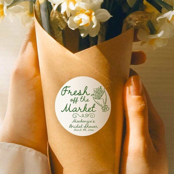 Fresh Off the Market Stickers, Floral Bridal Shower Favor Labels, Engagement & Bachelorette Party Stickers, Pink Blue Green Yellow V2