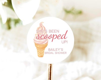 She's Been Scooped Up, Ice Cream Bridal Shower Stickers, Bridal Shower Stickers, Bridal Shower Favors, V3