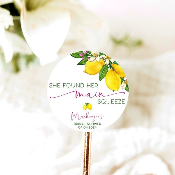 She Found Her Main Squeeze Round Stickers, Lemon Themed Shower, Bridal Shower Favors, Favor Stickers, Italy Themed Shower, V1