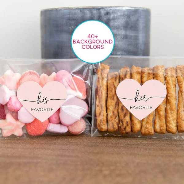 His and Her Favorite Heart Stickers, Wedding Labels, Stickers for Favor Bags for Guests, Treat Bags, Wedding Favors, Color His/Hers Stickers
