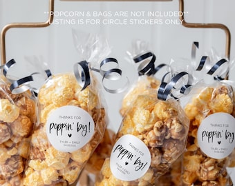 Thanks for Poppin By Sticker, Wedding Popcorn Favor Label, Wedding Favor Labels, Stickers for Popcorn Favors, Bulk Wedding Favors