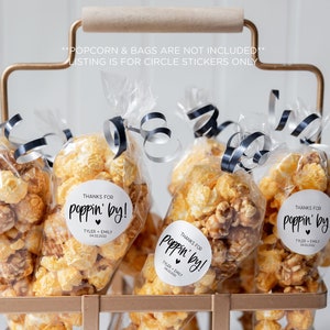 Thanks for Poppin By Sticker, Wedding Popcorn Favor Label, Wedding Favor Labels, Stickers for Popcorn Favors, Bulk Wedding Favors