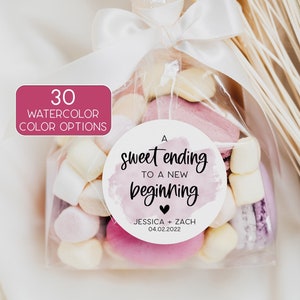 Wedding Favor Stickers, A Sweet Ending to a New Beginning, Watercolor Wedding Sticker, Wedding Favor Label, Treat Bag Stickers, Bulk Favors