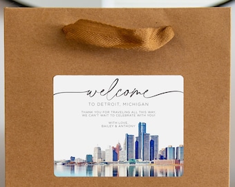 Detroit Michigan Wedding Welcome Bag Sticker, Welcome Bag for Hotel, Out of State Wedding Guest Bags, Out of Town Wedding Guests