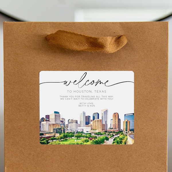 Houston Texas Wedding Welcome Bag Sticker, Welcome Bag for Hotel, Out of State Wedding Guest Bags, Out of Town Wedding Guests