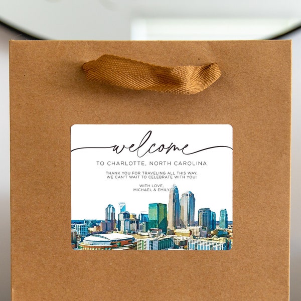 Charlotte North Carolina Wedding Welcome Bag Sticker, Welcome Bag for Hotel, Out of State Wedding Guest Bags, Out of Town Wedding Guests V2