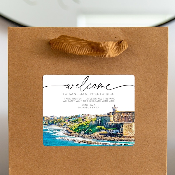 San Juan Puerto Rico Wedding Welcome Bag Sticker, Welcome Bag for Hotel, Out of State Wedding Guest Bags, Out of Town Wedding Guests, PR