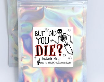 May include: A silver iridescent zippered pouch with a white sticker that says "But did you die? Recovery Kit Chris & Madison's Halloween Party" with a black skeleton illustration. The pouch contains a variety of small items, including a Tide to-go stain remover wipe, a Liquid-I.V. hydration multiplier, and an Advil.