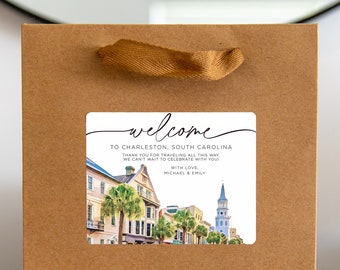 Charleston South Carolina Wedding Welcome Bag Sticker, Welcome Bag for Hotel, Out of State Wedding Guest Bags, Out of Town Wedding Guests