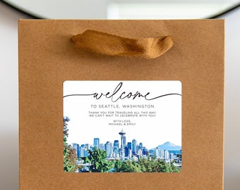 Seattle Washington Wedding Welcome Bag Sticker, Welcome Bag for Hotel, Out of State Wedding Guest Bags, Out of Town Wedding Guests