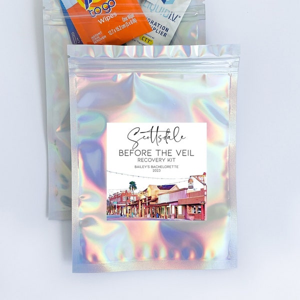 Scottsdale Bachelorette Party Hangover Kit Stickers & Bags, Recovery Kit, Bachelorette Favor, Scottsdale Before the Veil