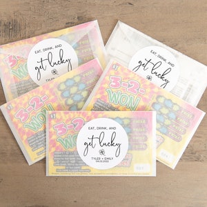 Eat Drink and Get Lucky Lotto Favors, 4 Leaf Clover Stickers, Wedding Lotto Ticket Favors, Scratch off Favors, Wedding Favors, Lotto Favors