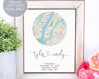 Personalized Map Print, Engagement Gift for Couple, Wedding or Anniversary Gift, Custom Location Map Art, Framed Custom Map Wall Art