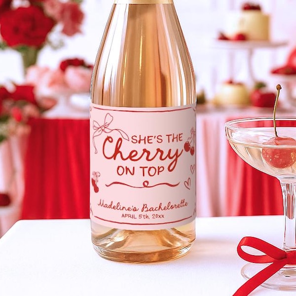She's the Cherry on Top - Champagne Bottle Labels: Bridal Shower & Bachelorette Party Stickers, V2