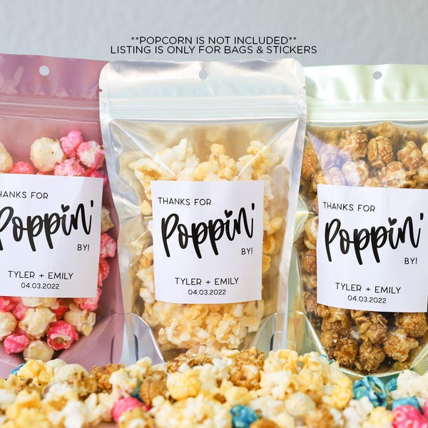 Wedding Favor Popcorn Bags and Stickers, Thanks for Poppin By, Bridal Shower Favors, Wedding Favors for Guests