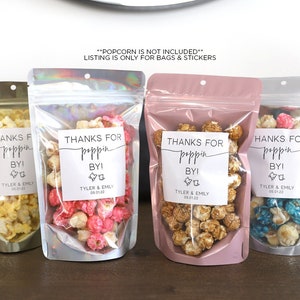 Wedding Popcorn Bags and Labels, Thanks for Poppin By Favor Bags, Bridal Shower Favors, Wedding Favors, Wedding Treats, Stand Up Zip Pouches