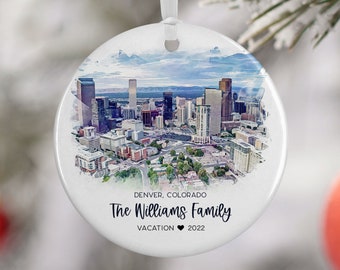 Denver Colorado Ornament, Rocky Mountains Family Vacation, Engaged Gift, Married Ornament, Travel Gift, Wedding Engagement Gift 3139