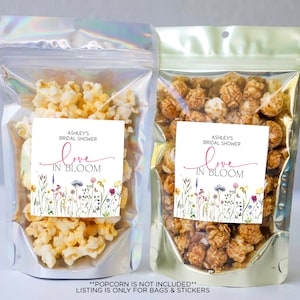 Love In Bloom Favor Bags and Stickers, Wildflower Floral Design, Bridal Shower Favors, Wedding Favors, Bridal Shower Stickers