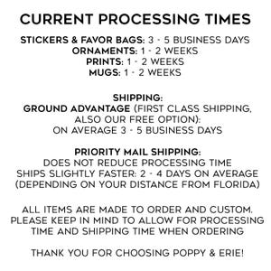 May include: A text-based image listing current processing times for various items, including stickers, favor bags, ornaments, prints, and mugs. It also lists shipping options, including Ground Advantage and Priority Mail Shipping, with estimated delivery times.