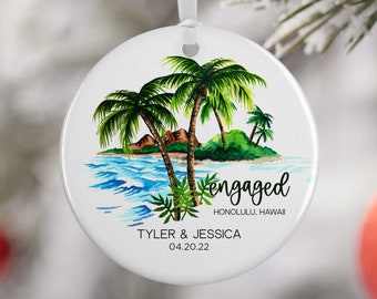 Tropical Beach Engagement Ornament, Travel Gift for Engaged Couple, Hawaii Engagement, Island Vacation Engagement Gift 2253 (ENGAGED)