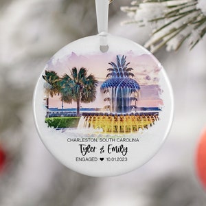 Charleston South Carolina Ornament, Pineapple Fountain, Engaged, Married Ornament, Travel Gift, Wedding Engagement Gift Souvenir 3281