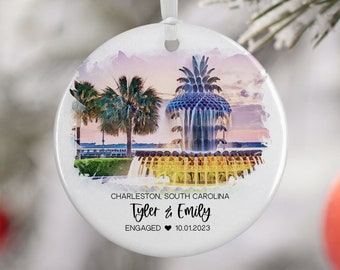 Charleston South Carolina Ornament, Pineapple Fountain, Engaged, Married Ornament, Travel Gift, Wedding Engagement Gift Souvenir 3281