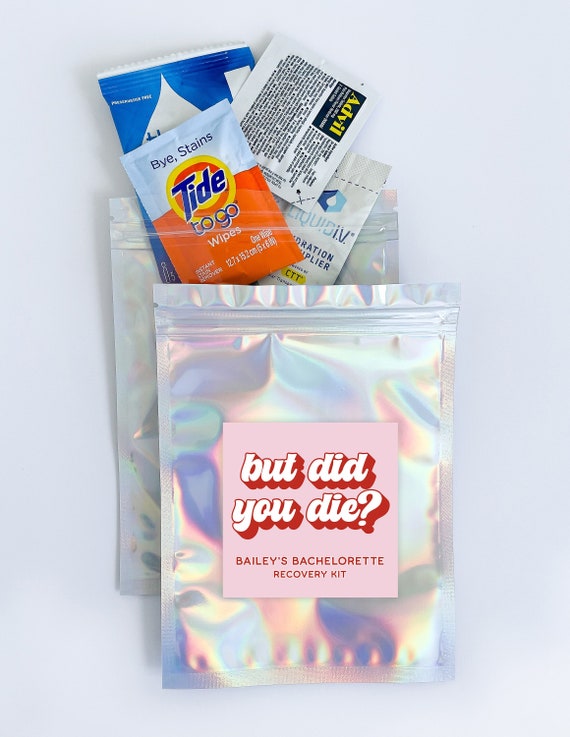 Personalized Bachelorette Recovery Kit Bags & Stickers: But did you die? Hangover Favor