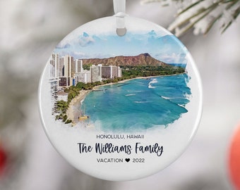 Honolulu Hawaii Christmas Ornament, Hawaii Family Vacation, Family Trip, Engaged Married Gift, Travel Gift, Engagement Gift 3202