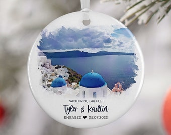 Santorini Greece Ornament, Engaged Ornament, Engaged in Greece, Travel, Vacation, Honeymoon, Travel Gift, Engagement Gift, 3028