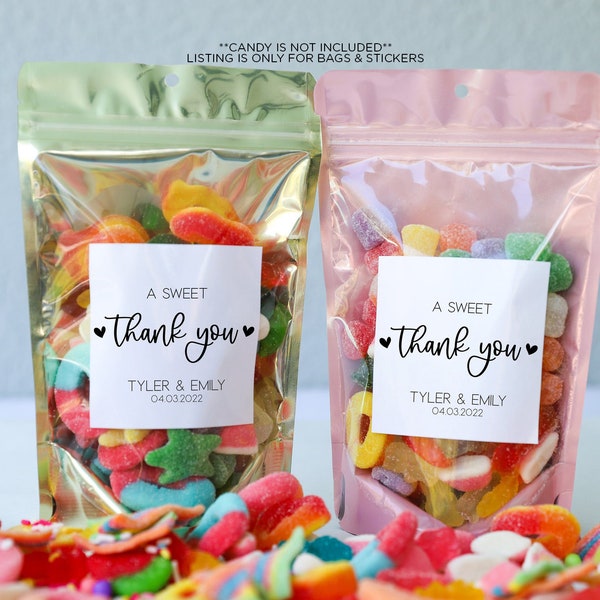 Wedding Treat Bags and Stickers, A Sweet Thank You, Wedding Snack Bags, Bridal Shower Favors, Wedding Favors for Guests, Stand Up Zip Pouch