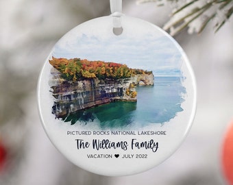 Pictured Rocks Lakeshore Christmas Ornament, Michigan Family Vacation, Engaged Gift, Travel Gift, Travel Souvenir Engagement Gift 3161