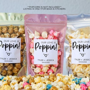 Wedding Favor Popcorn Bags and Stickers, Our Love is Poppin Bags, Wedding Favor Bags, Bulk Wedding Favors for Guests, Bridal Shower Favors