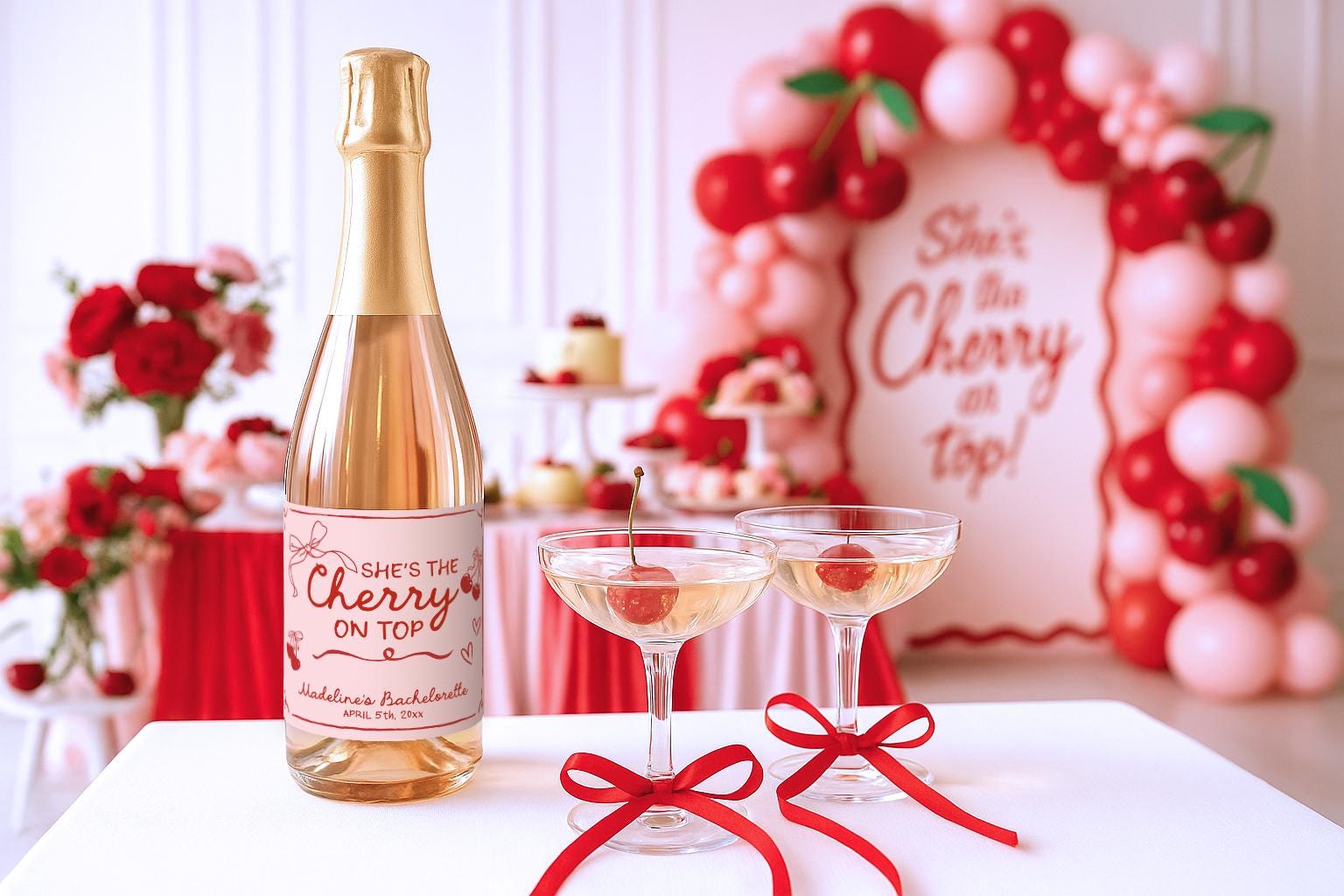 Cherry Champagne Bottle Labels: Bridal Shower & Bachelorette Party Stickers, V2