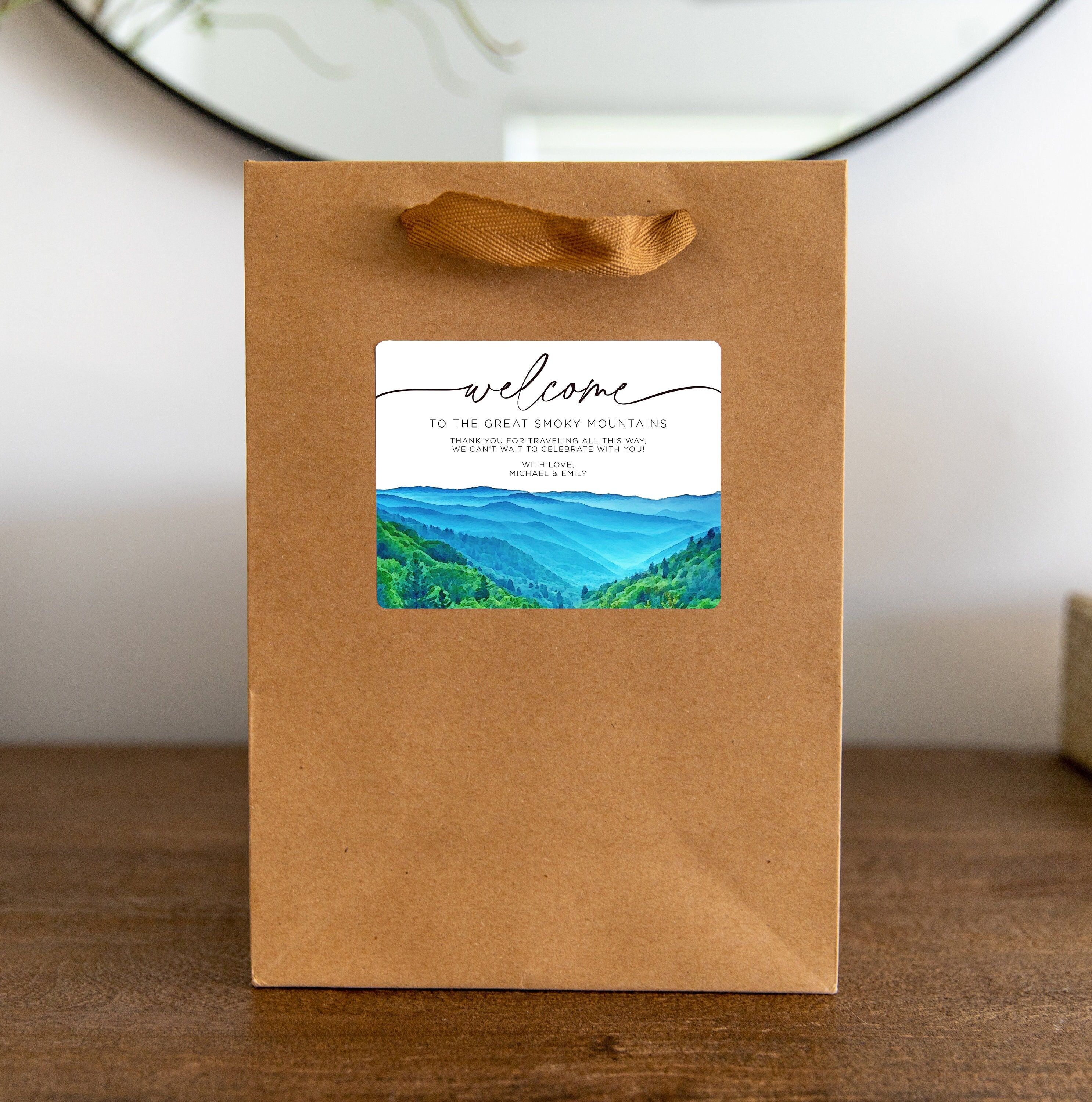 Great Smoky Mountains Wedding Welcome Bag Sticker, Welcome Bag for Hotel, Out of State Wedding Guest Bags, Out of Town Wedding Guests