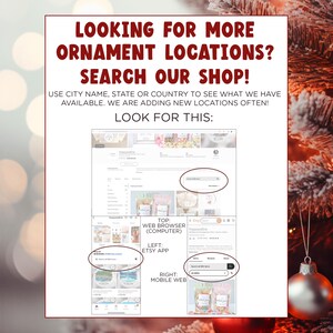 a christmas tree with a sign that says looking for more ornament locations search