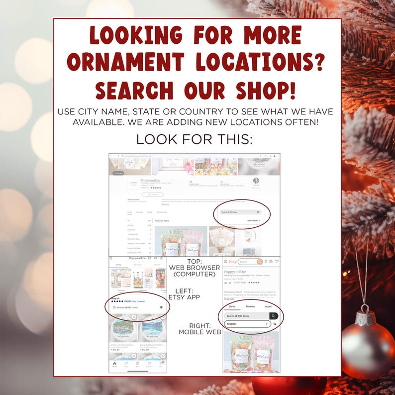 a christmas tree with a sign that says looking for more ornament locations search