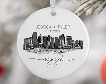 Boston Engagement Ornament, Travel Gift Engaged Couple, City Skyline, Engagement, Engagement Gift, Bridal Shower Gift, 2245 (ENGAGED)