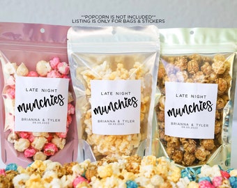 Late Night Munchies Stickers and Bags, Wedding Favor Bags, Wedding Treat Bags, Bridal Shower Favors, Wedding Favor Bags, Popcorn Bags